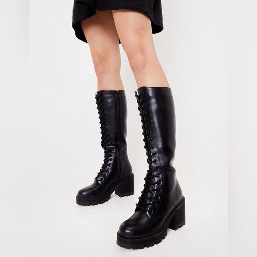 Nasty Gal Black Lace-Up Chunky Knee-High Boots